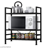 Iron 3-tier microwave oven stand, 8 hook, well-organized and decorative, suitable for 30ltr, 32ltr, 50ltr ovens. Sturdy, durable, and multipurpose kitchen accessory